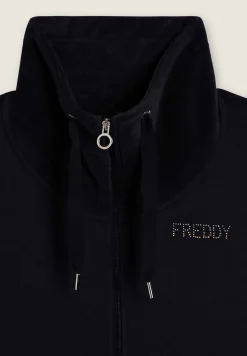 Freddy Felpa da donna con zip, spacchi laterali e collo alto in velluto-Donna Ginnastica|Felpe