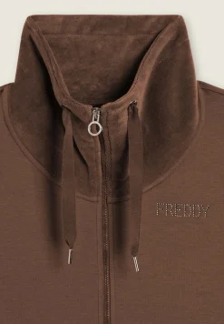 Freddy Felpa da donna con zip, spacchi laterali e collo alto in velluto-Donna Ginnastica|Felpe