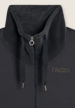 Freddy Felpa da donna con zip, spacchi laterali e collo alto in velluto-Donna Ginnastica|Felpe
