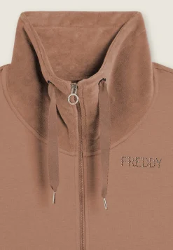 Freddy Felpa da donna con zip, spacchi laterali e collo alto in velluto-Donna Ginnastica|Felpe