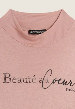 Freddy Maglia donna a manica lunga con scritta borchie e oro rosa-Donna T-shirts