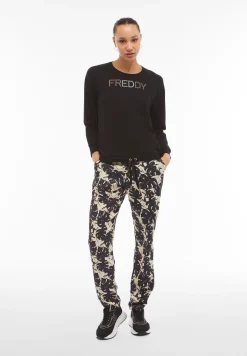 Freddy Pantaloni donna in satin di viscosa a fantasia tropical-Donna Tutti I Pantaloni|Pantaloni Sportivi