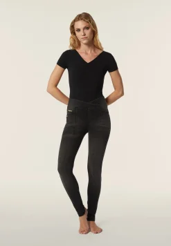 Freddy Pantaloni Vita Alta a incrocio in Jersey Denim effetto used-Donna Jeans E Pantaloni