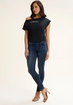 Freddy Pantaloni Vita Alta a incrocio in Jersey Denim effetto used-Donna Jeans E Pantaloni