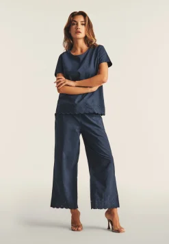 Freddy Pantaloni wide leg in cotone navetta con ricami Sangallo-Donna Pantaloni Sportivi