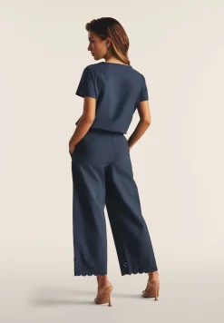 Freddy Pantaloni wide leg in cotone navetta con ricami Sangallo-Donna Pantaloni Sportivi