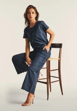 Freddy Pantaloni wide leg in cotone navetta con ricami Sangallo-Donna Pantaloni Sportivi