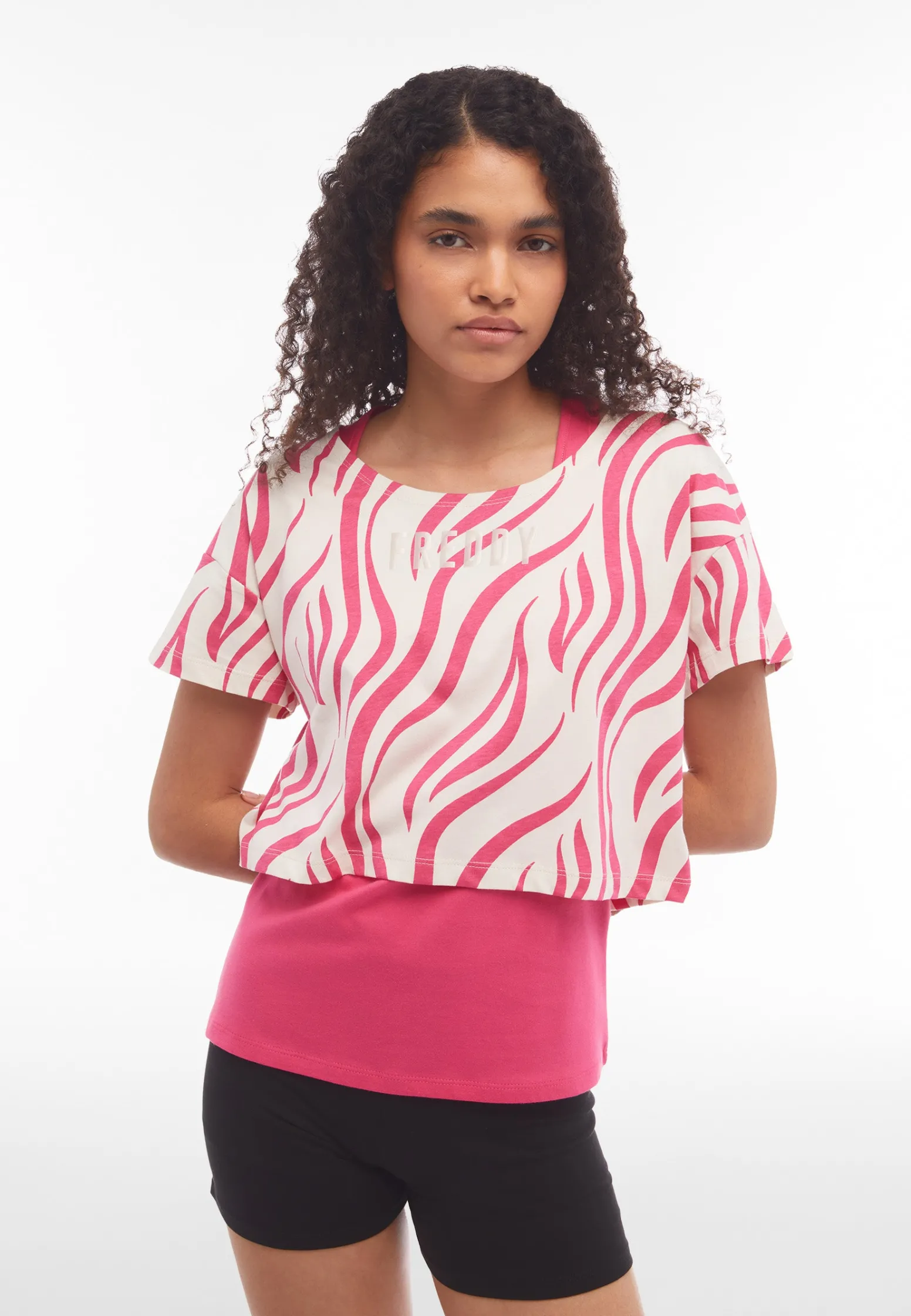 Freddy Set canotta+t-shirt cropped da donna con stampa zebrata-Donna Pilates|Fitness