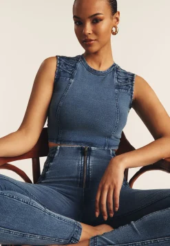 Freddy Top cropped effetto denim decorato sulle spalle-Donna Top E Canotte
