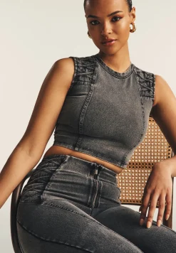 Freddy Top cropped effetto denim decorato sulle spalle-Donna Top E Canotte
