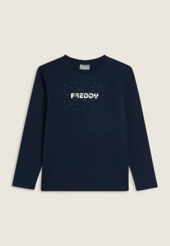 Freddy T-shirt da bambina manica lunga con logo e decoro argento- T-shirts
