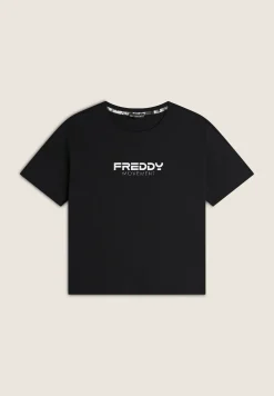 Freddy T-shirt donna comfort fit corta con stampa e spacchi-Donna Fitness|T-shirts