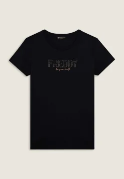 Freddy T-shirt donna con mini spacchi laterali e logo in strass-Donna Ginnastica|T-shirts