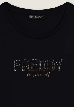Freddy T-shirt donna con mini spacchi laterali e logo in strass-Donna Ginnastica|T-shirts