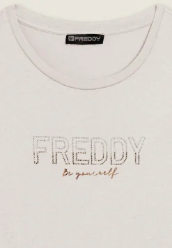 Freddy T-shirt donna con mini spacchi laterali e logo in strass-Donna Ginnastica|T-shirts