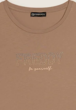 Freddy T-shirt donna con mini spacchi laterali e logo in strass-Donna Ginnastica|T-shirts