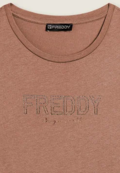 Freddy T-shirt donna con mini spacchi laterali e logo in strass-Donna Ginnastica|T-shirts