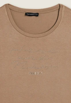 Freddy T-shirt donna manica lunga con scritta e strass-Donna T-shirts