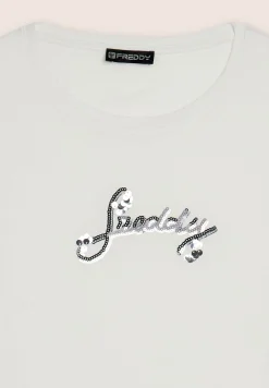 Freddy T-shirt in cotone Supima con logo in paillettes bicolore-Donna T-shirts