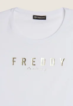 Freddy T-shirt in jersey con logo oro chiaro sul fronte-Donna Pilates|Ginnastica