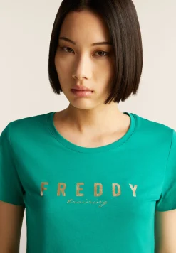 Freddy T-shirt in jersey con logo oro chiaro sul fronte-Donna Pilates|Ginnastica
