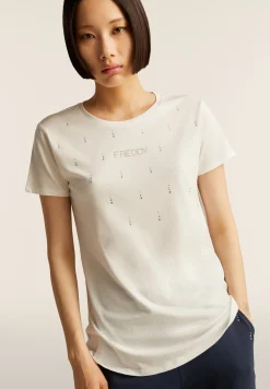Freddy T-Shirt in jersey modal con Strass e Taglio Arrotondato-Donna T-shirts