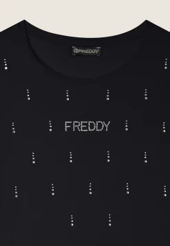 Freddy T-Shirt in jersey modal con Strass e Taglio Arrotondato-Donna T-shirts