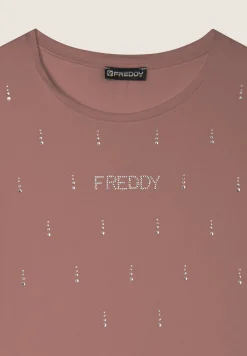 Freddy T-Shirt in jersey modal con Strass e Taglio Arrotondato-Donna T-shirts