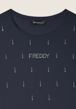 Freddy T-Shirt in jersey modal con Strass e Taglio Arrotondato-Donna T-shirts