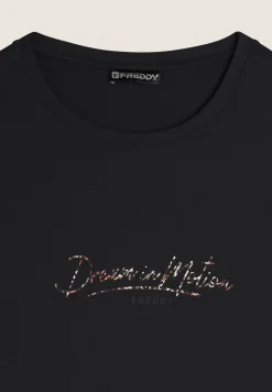 Freddy T-shirt manica lunga in jersey viscosa con scritta fantasia-Donna T-shirts