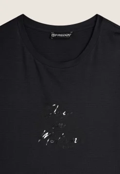 Freddy T-shirt manica lunga in jersey viscosa con scritta dorata-Donna T-shirts