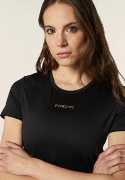 Freddy T-shirt sportiva in tessuto tecnico con logo bronzo-Donna Pilates|Fitness