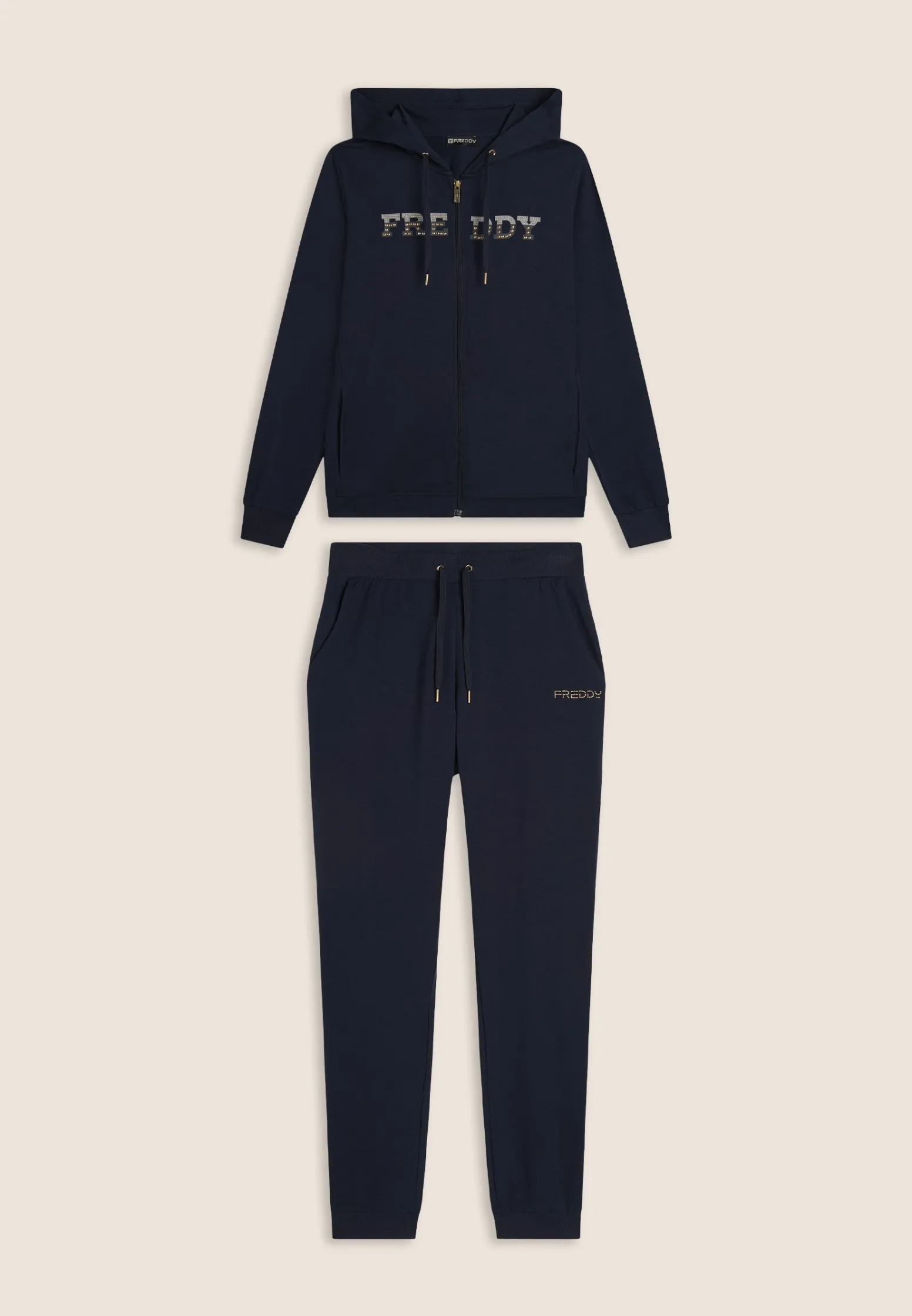 Freddy Tuta donna con zip, cappuccio e logo con perline dorate-Donna Tute